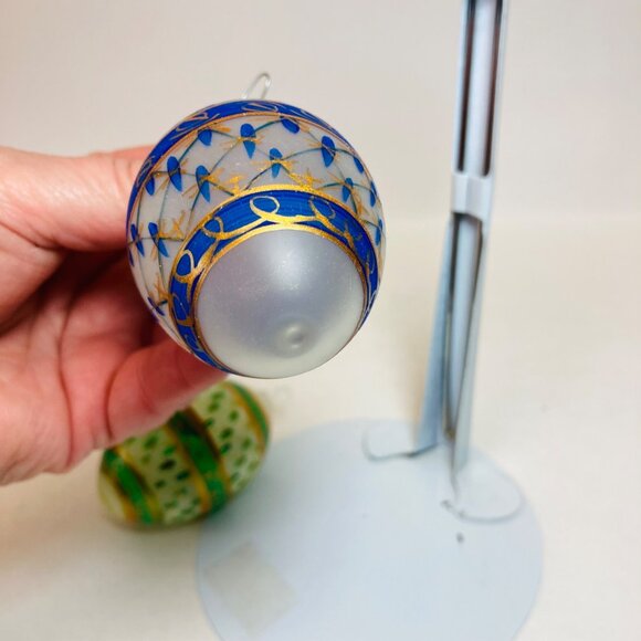 Vintage Polish Hand Blown Glass Egg Ornaments Painted Gold Green Blue as is - Picture 7 of 9